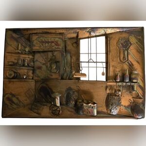 Vintage Copper 3-D Tin Wall Relief Depicting A General Store Scene Wall Art